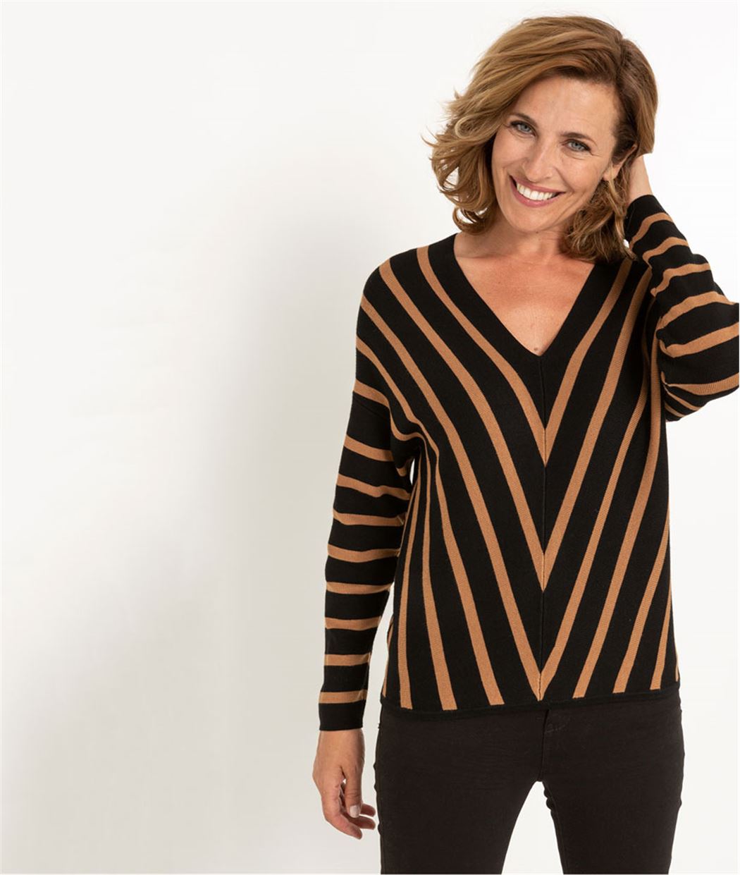 Pull femme rayé camel et noir NOIR