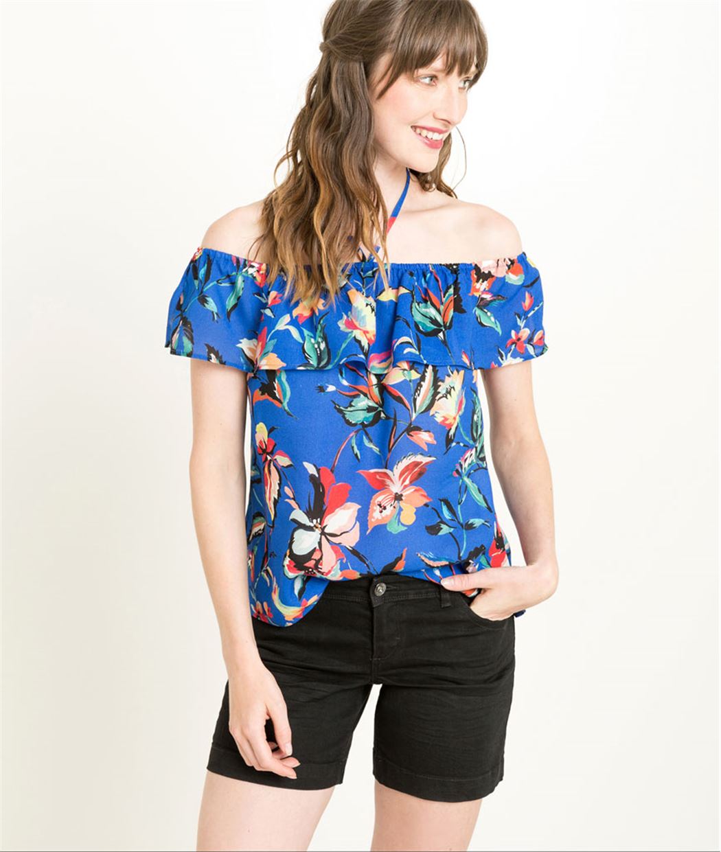 Top femme Bardot et lacet bleu fluide BLEU