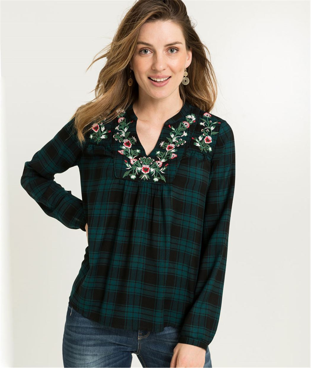 Blouse femme carreaux et broderies VERT