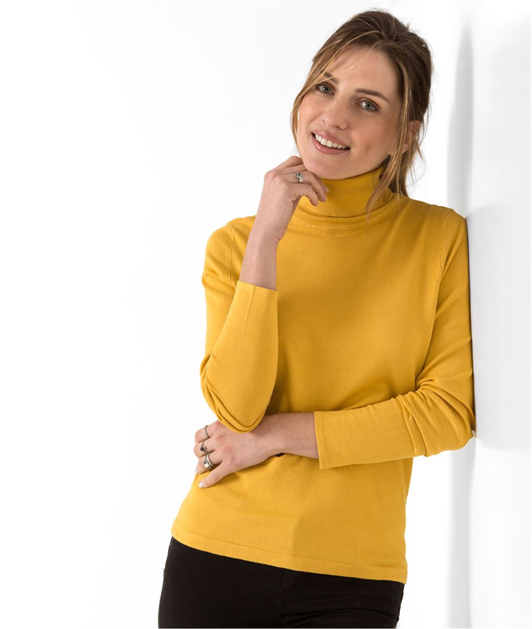 Pull femme fin avec col roulé JAUNE