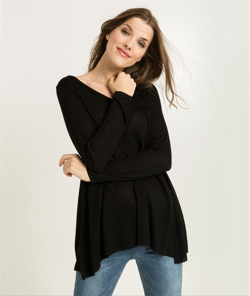 Pull femme tunique col V NOIR - Grain de Malice