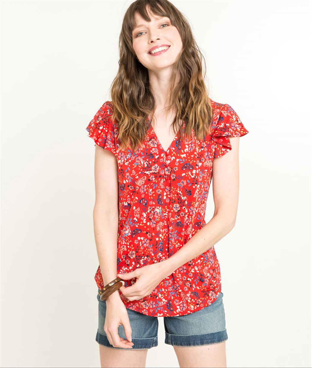 T-shirt manches courtes rouge fleuri ROUGE