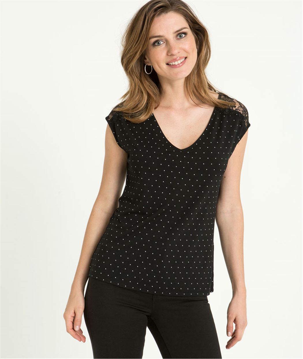 T-shirt femme noir pois et dentelle NOIR