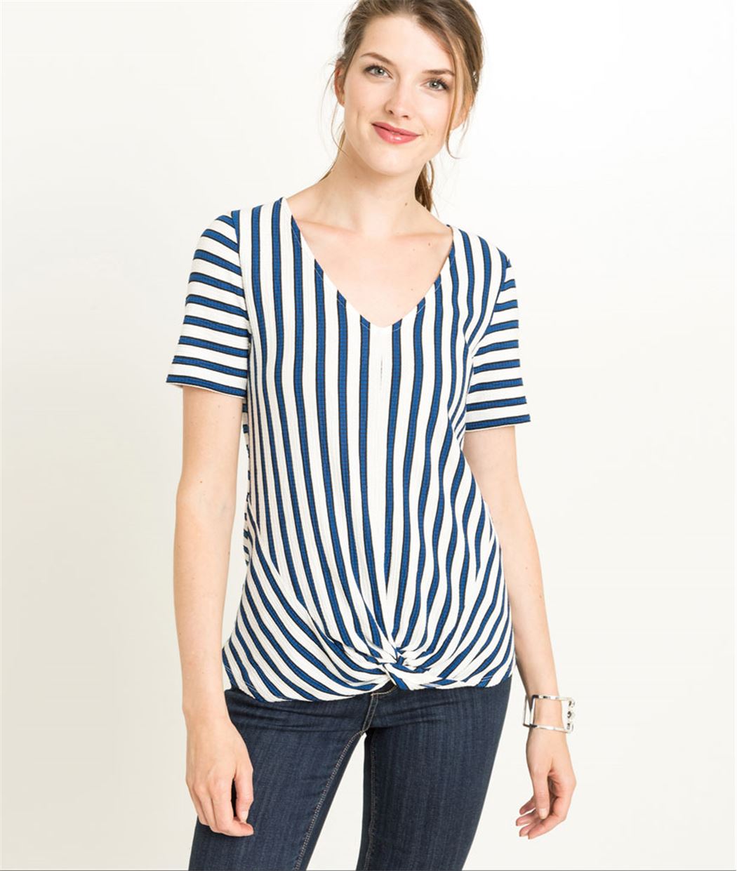 T-shirt femme rayé manches courtes noeud BLANC