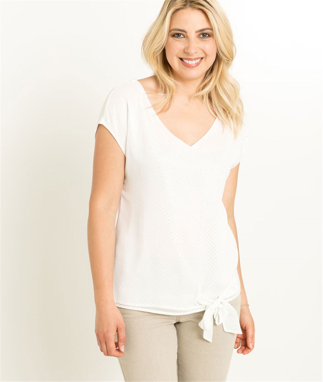T-shirt femme blanc à pois et noeud ECRU