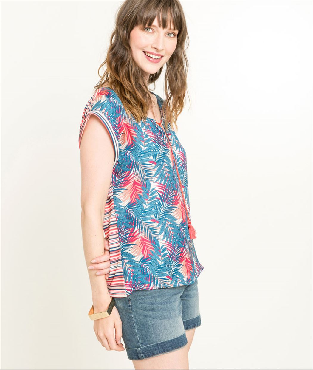 T-shirt femme feuillages et rayures MARINE