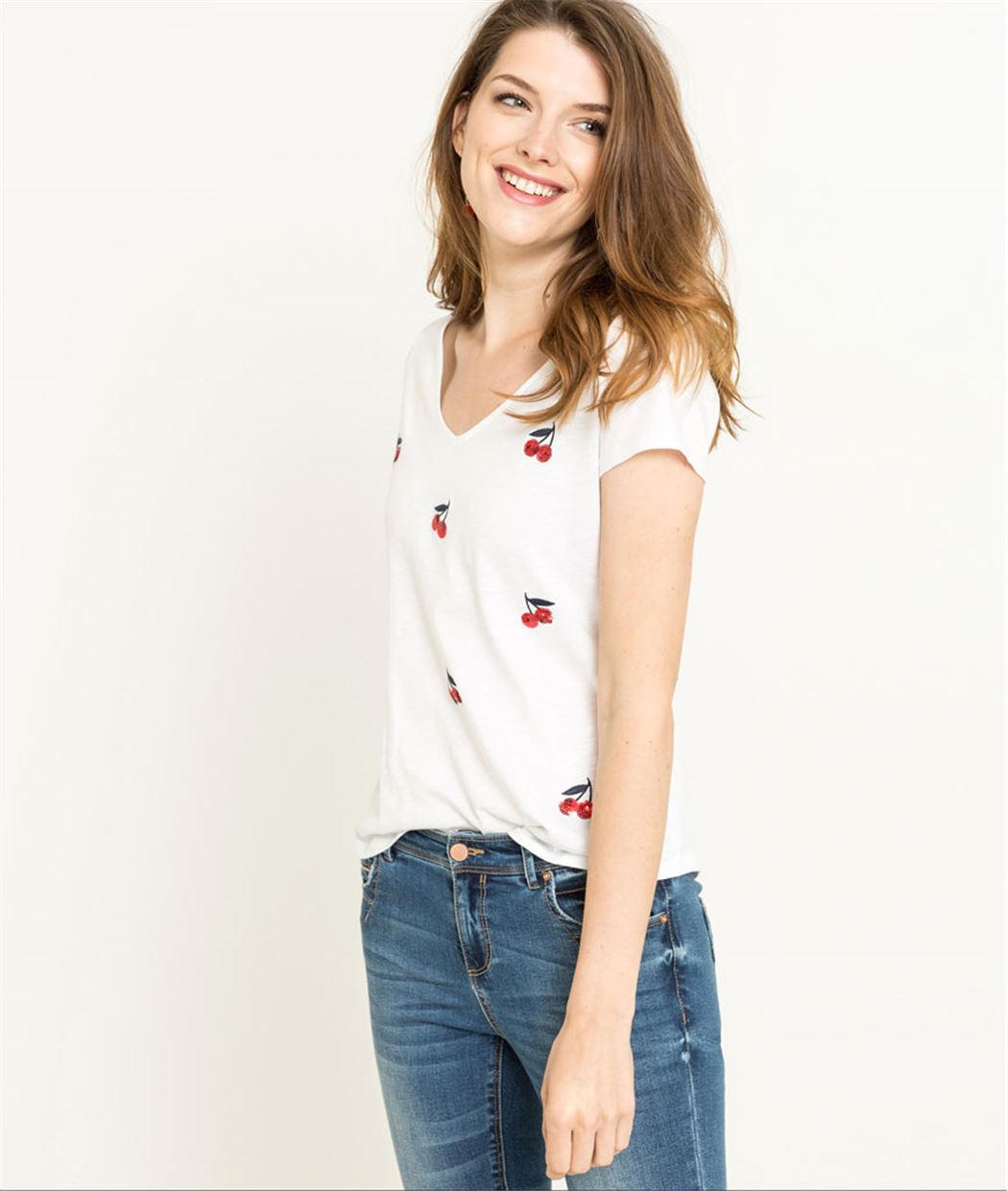 T-shirt femme manches courtes cerises BLANC