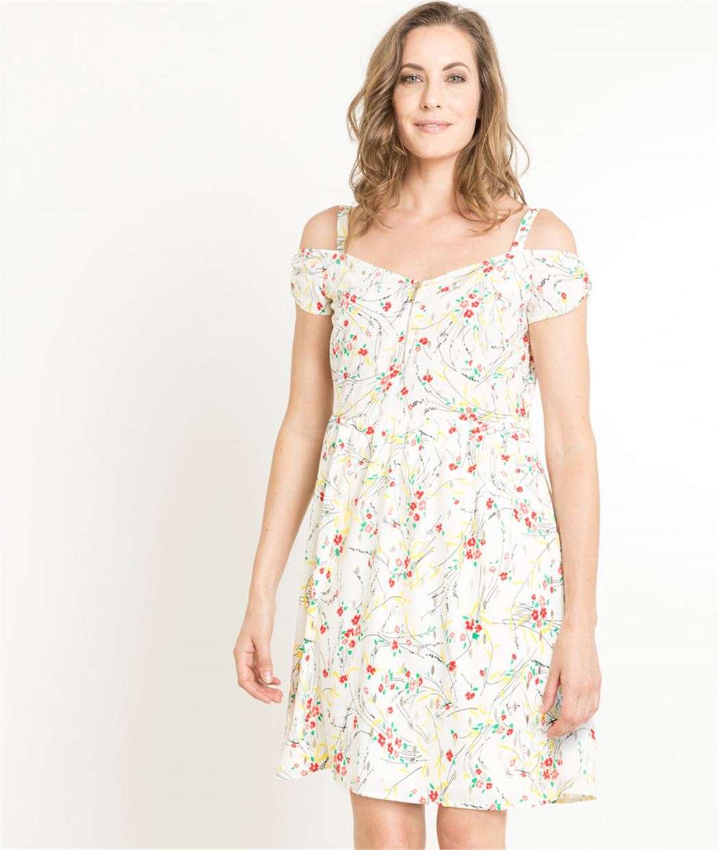 Robe femme fluide imprimé floral ECRU