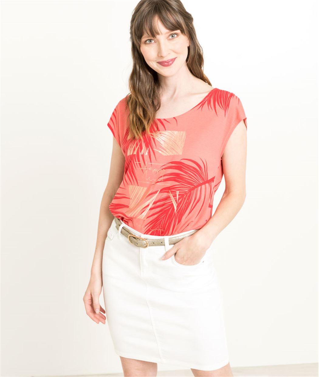 T-shirt femme rouge imprimé feuillages CAPUCINE