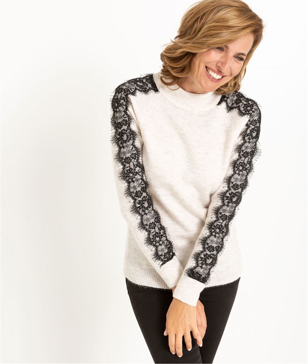 Pull femme col rond et dentelle BEIGE