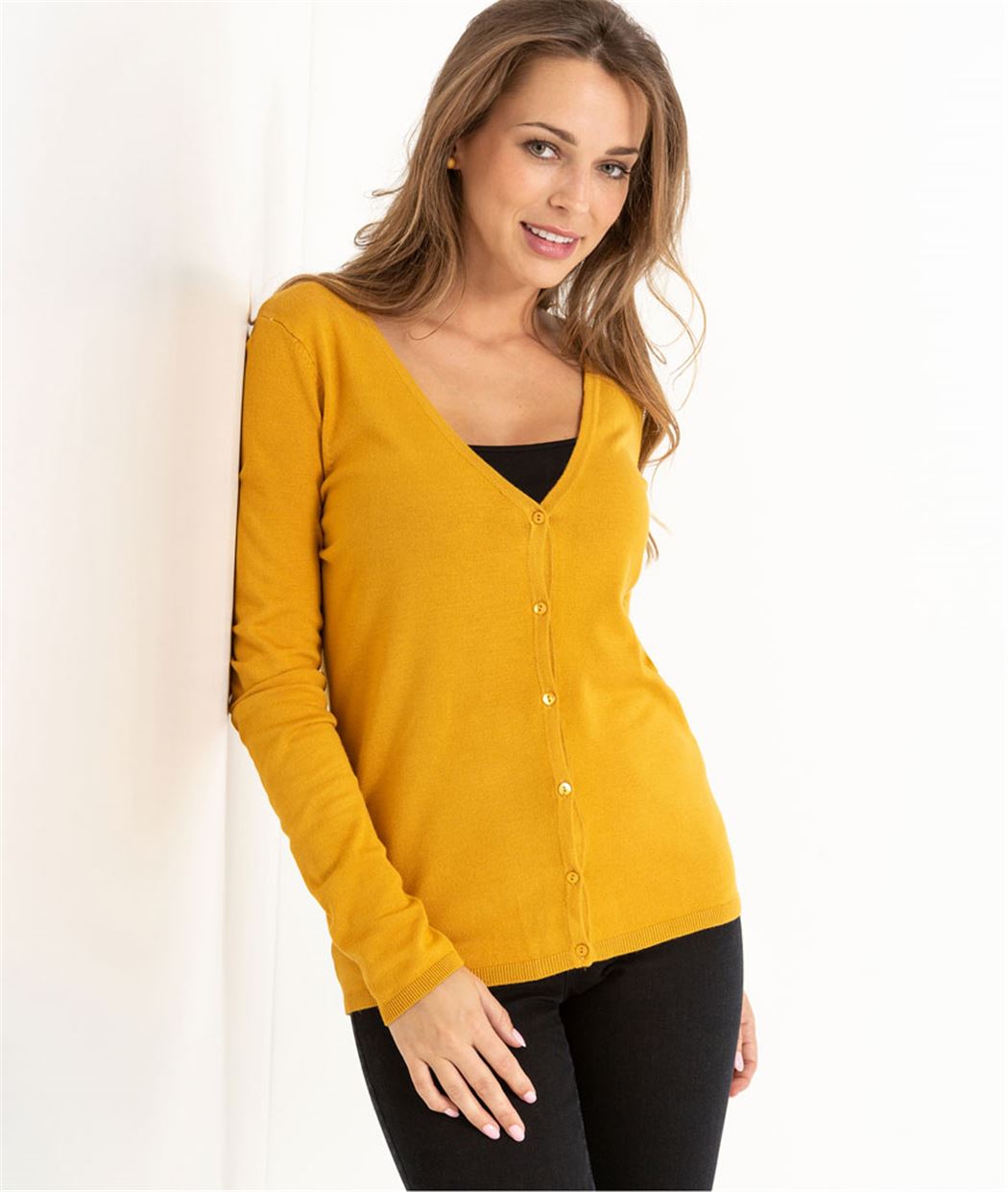 Pull femme boutonné de couleur CURRY