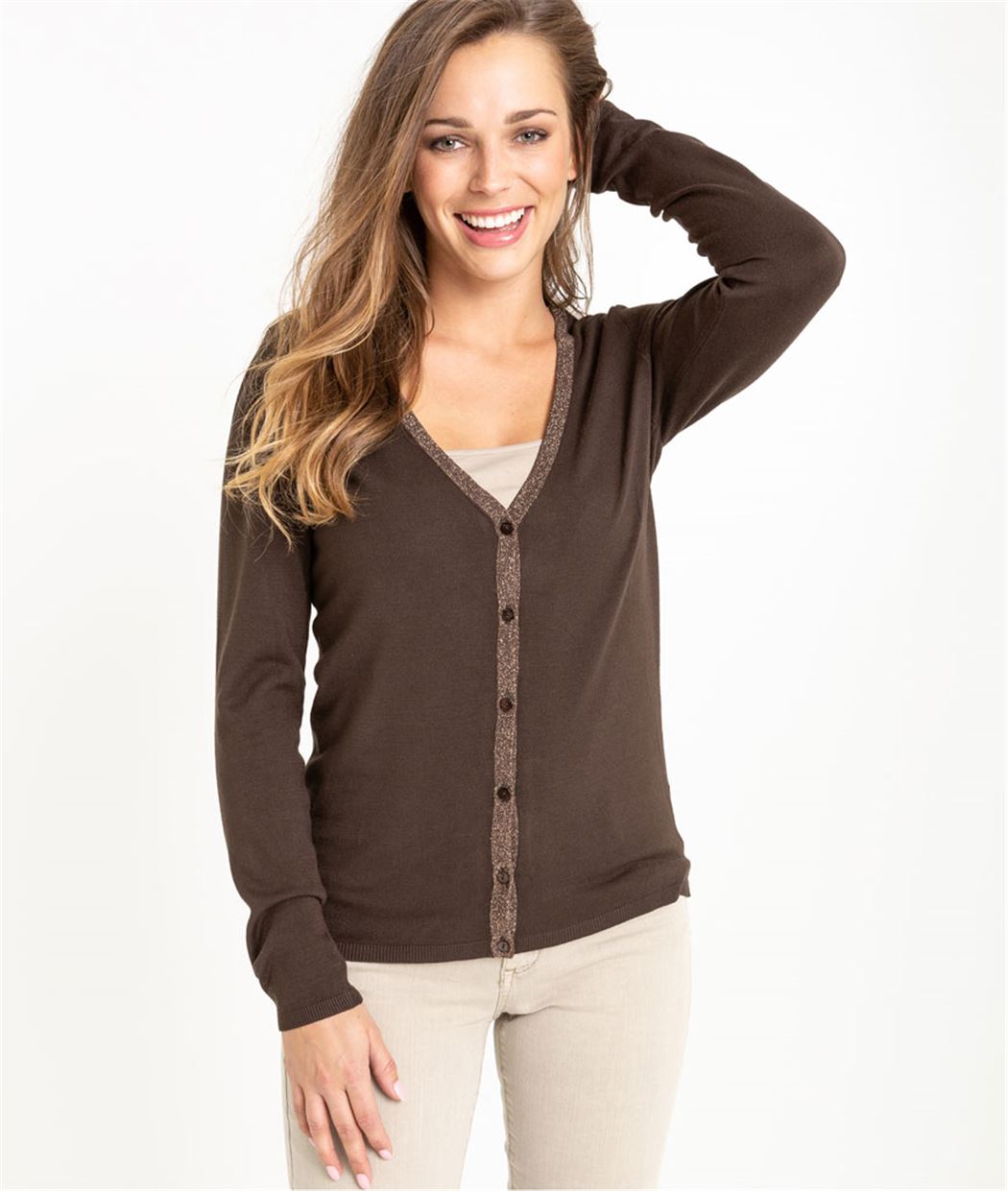 Pull femme boutonné de couleur MARRON