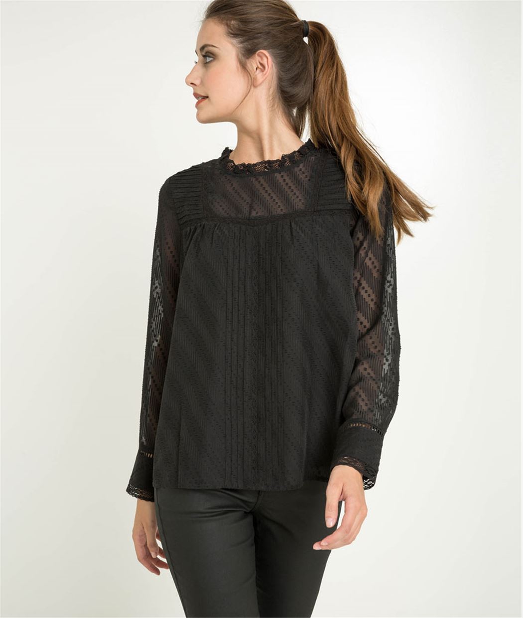 Blouse femme noire plumetis et dentelle NOIR