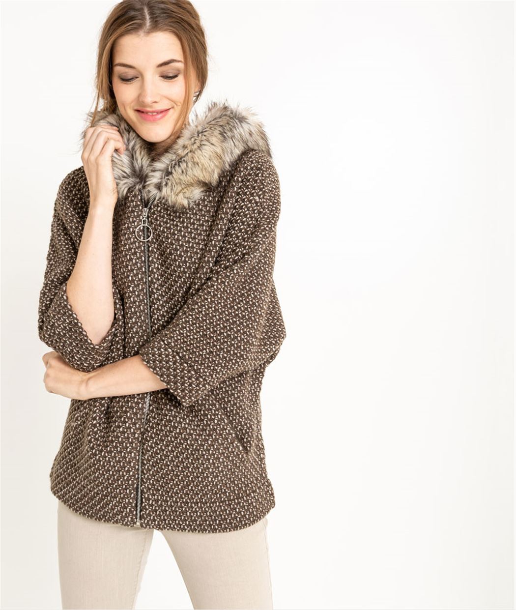 Poncho femme à capuche et fourrure MARRON