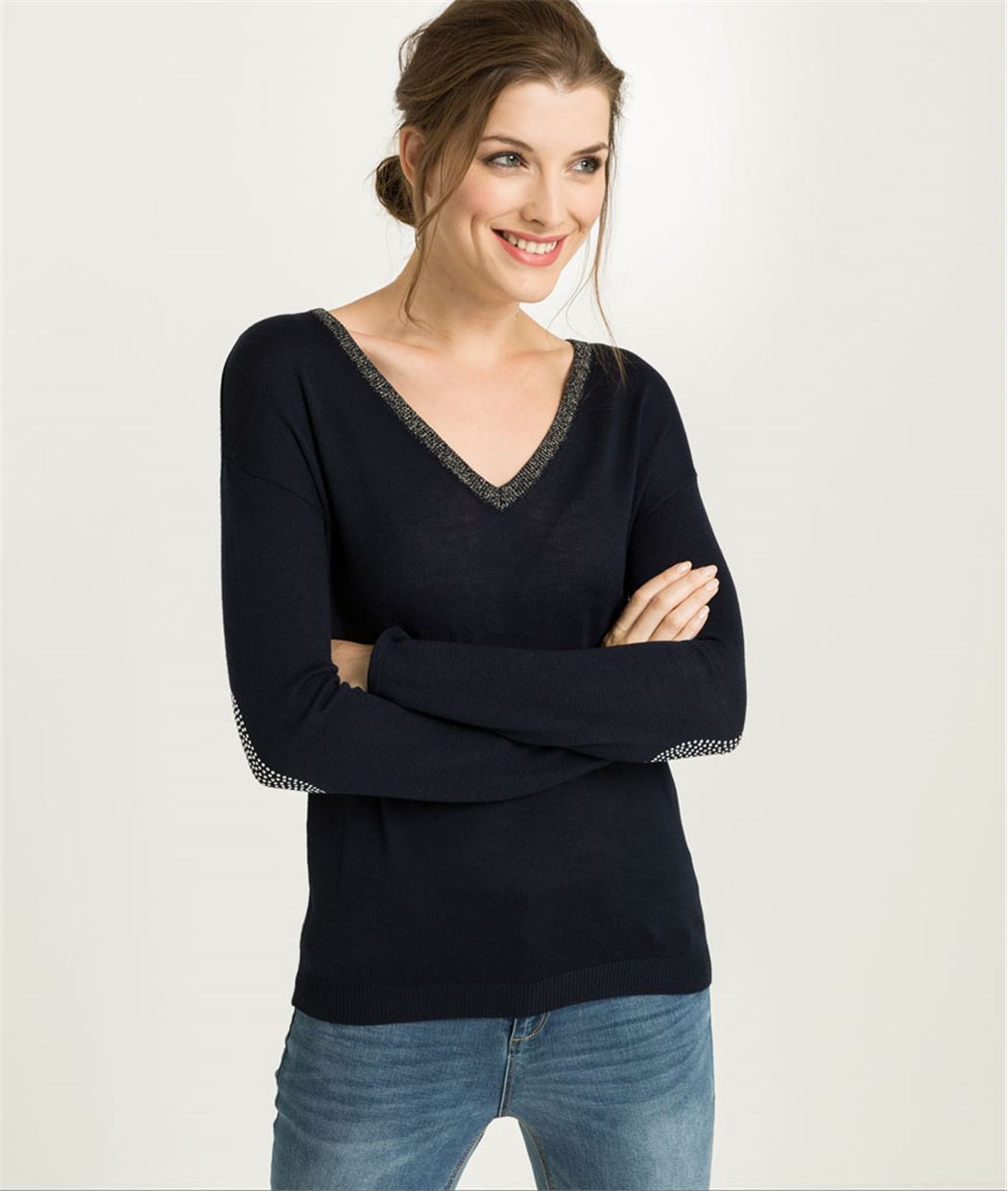 Pull femme col V et étoiles MARINE - Grain de Malice