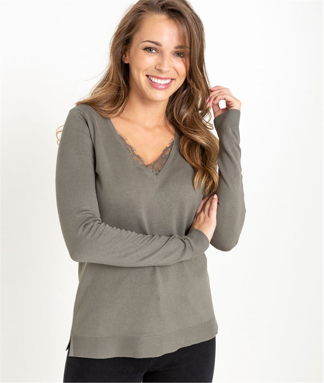 Pull femme basique avec dentelle KAKI