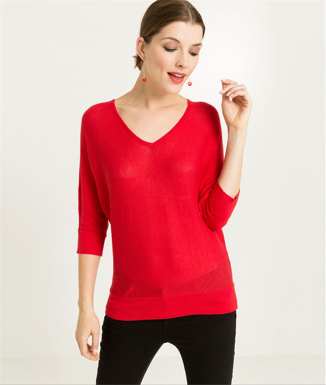 Pull femme fin manches 3/4 ROUGE