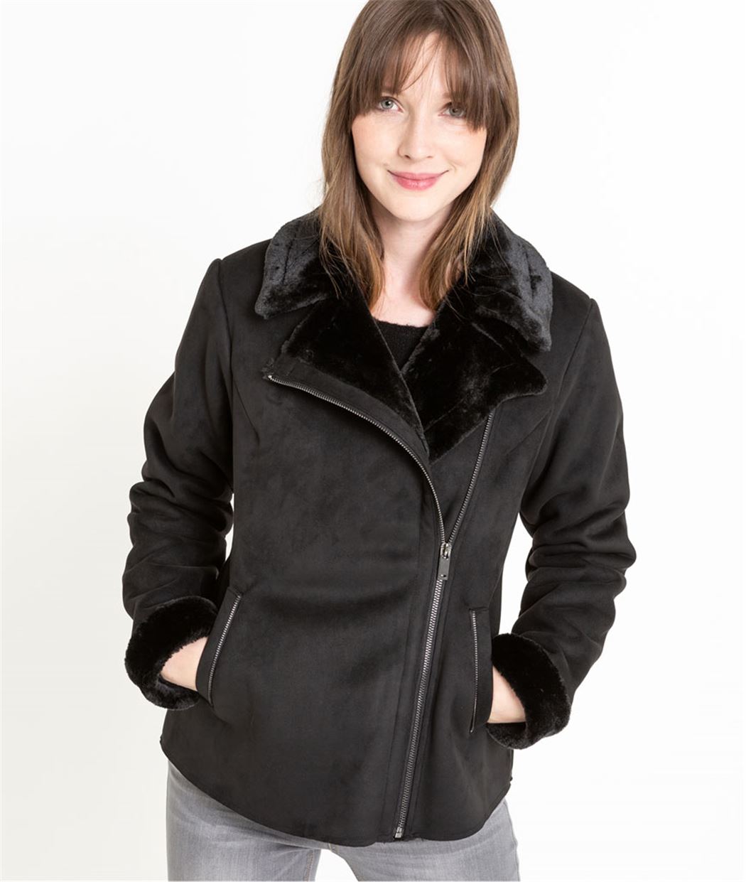 Veste femme bombardier fausse fourrure NOIR
