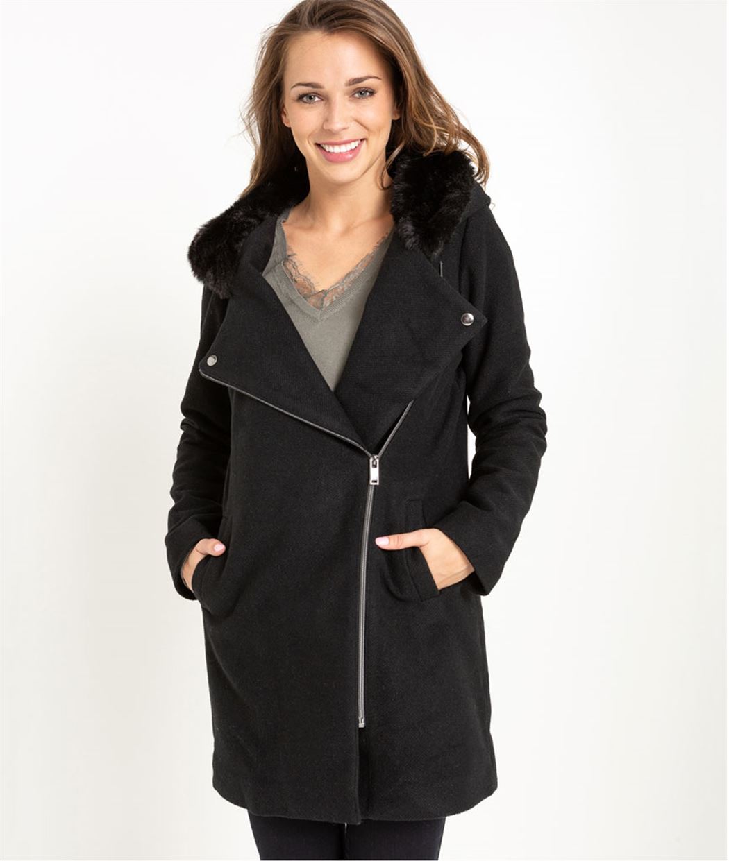 Manteau femme avec fausse fourrure NOIR