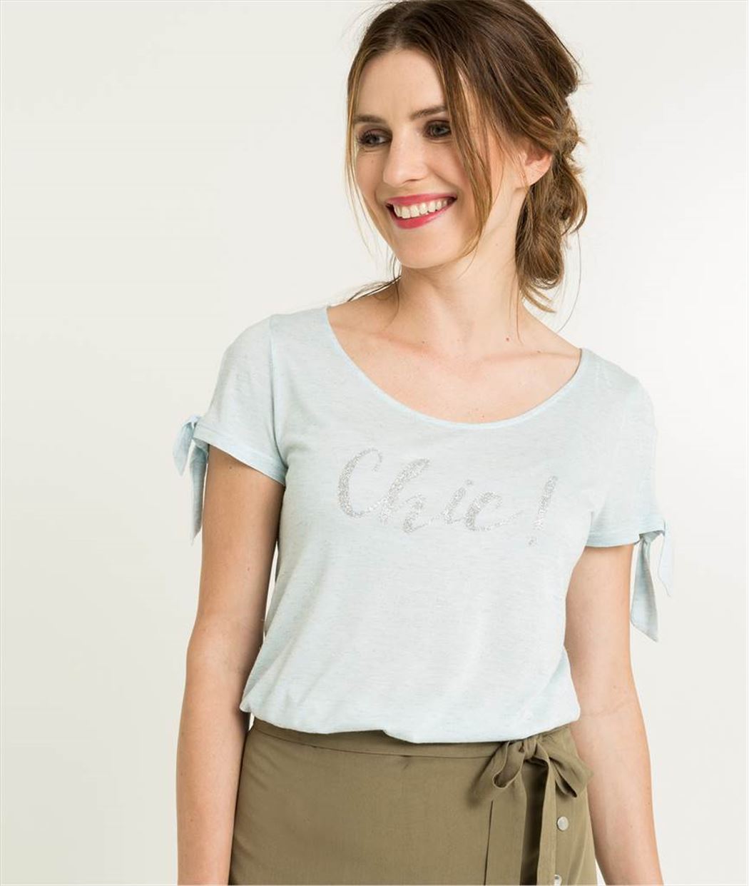 T-shirt femme bleu pastel avec message BLEU