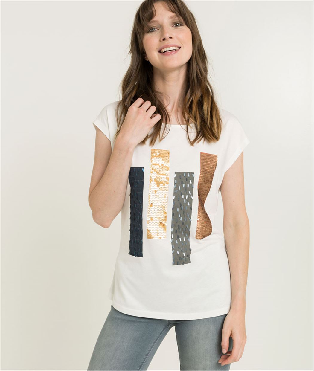 T-shirt femme blanc et sequins BLANC CASSE