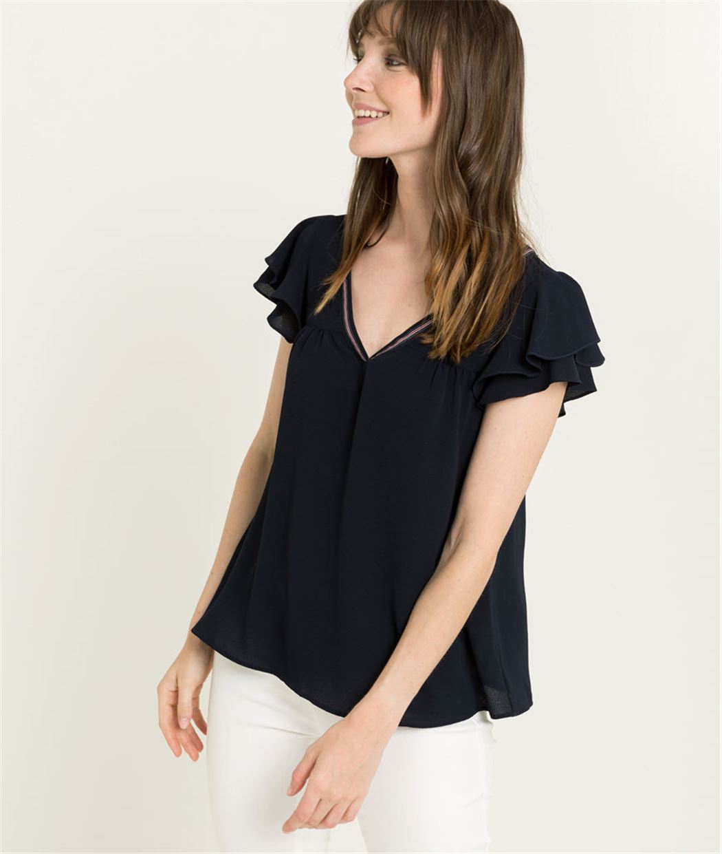 Blouse femme manches courtes volantées MARINE
