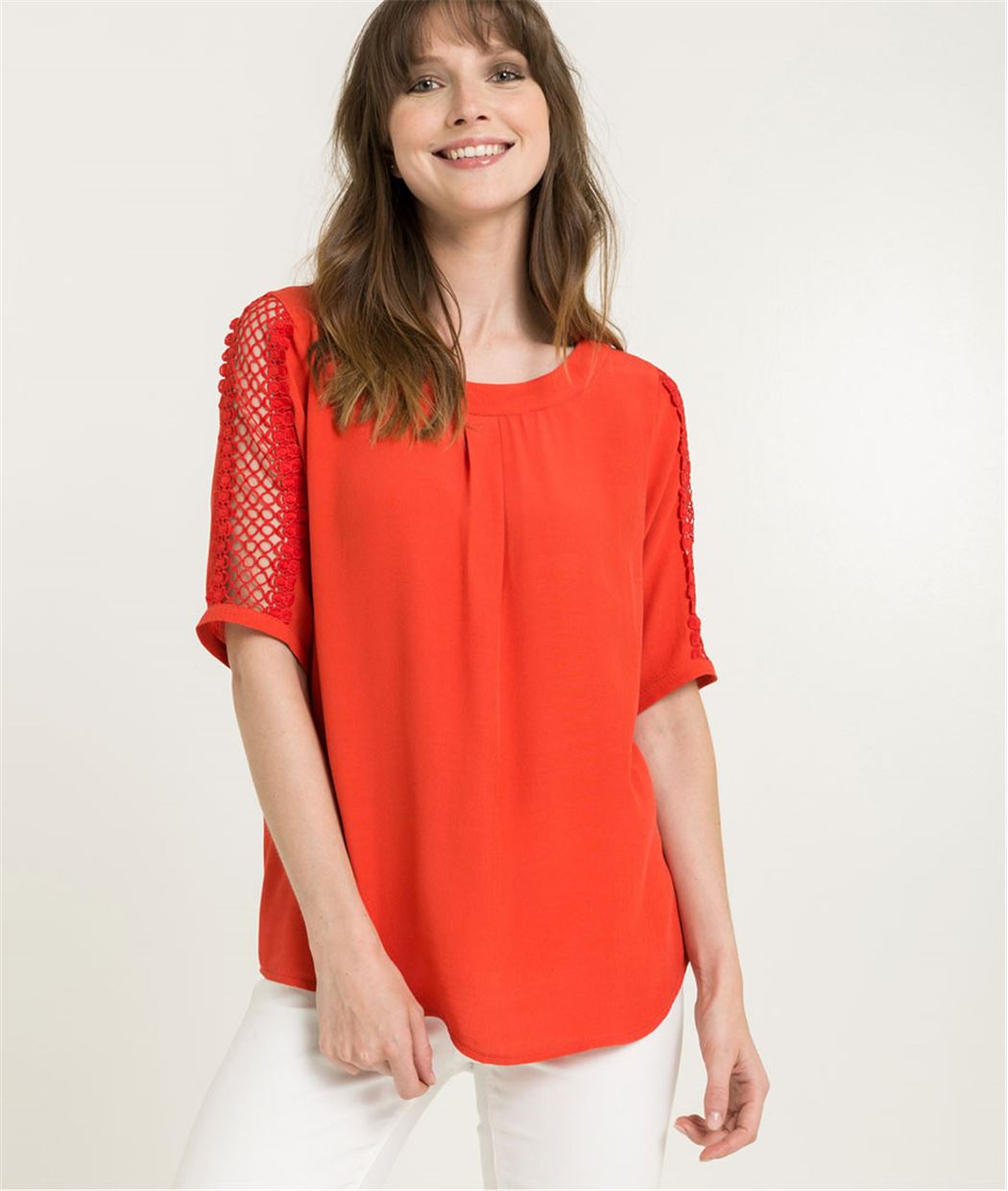 Blouse femme manches guipure ROUGE