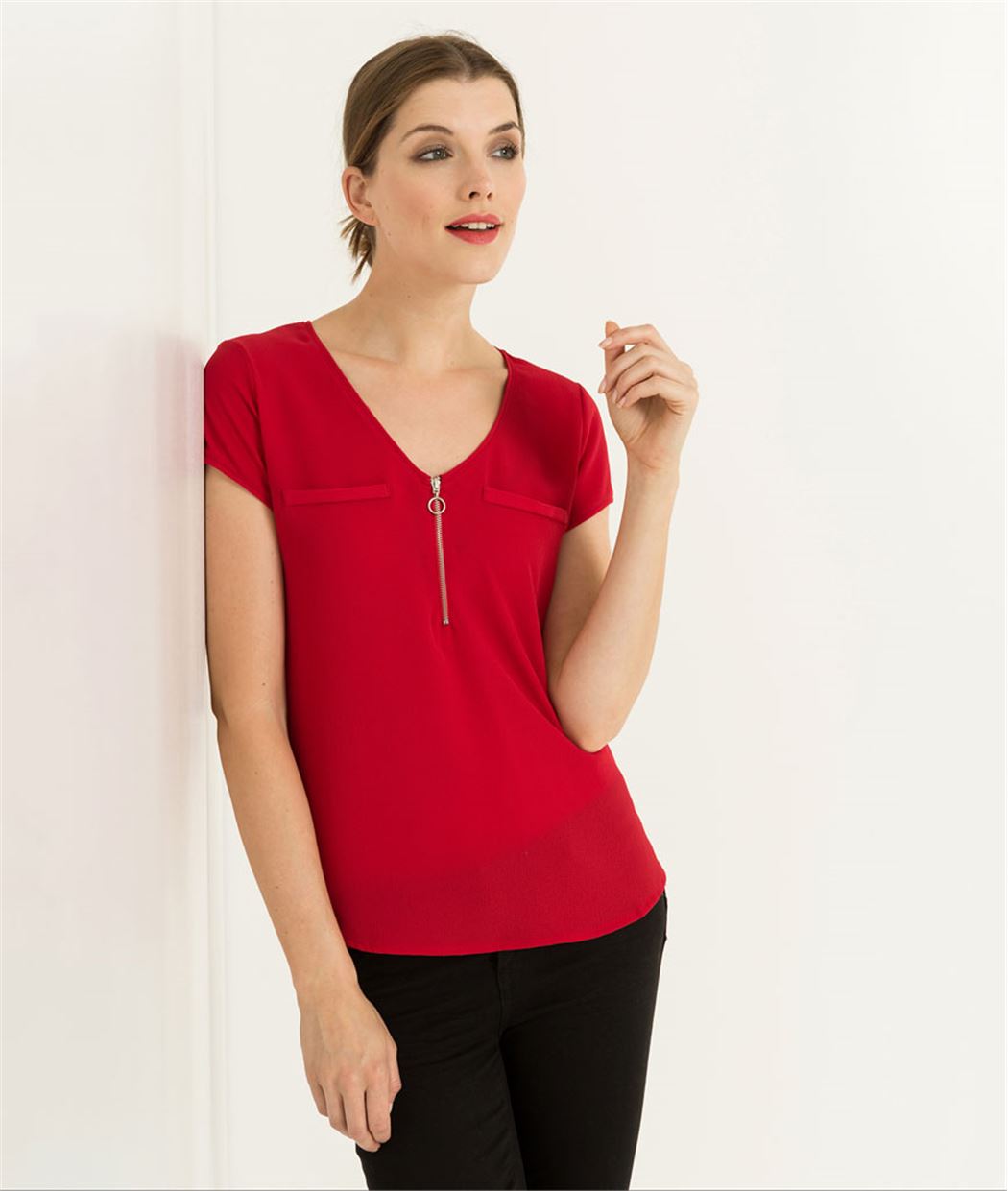 T-shirt femme uni avec zip ROUGE