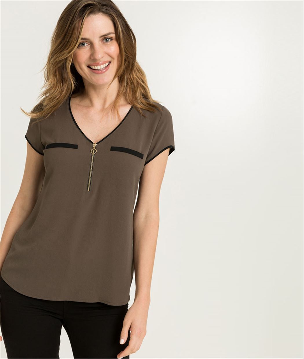 T-shirt femme uni avec zip KAKI