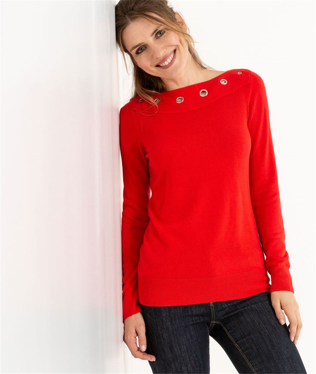 Pull femme fin avec oeillets ROUGE
