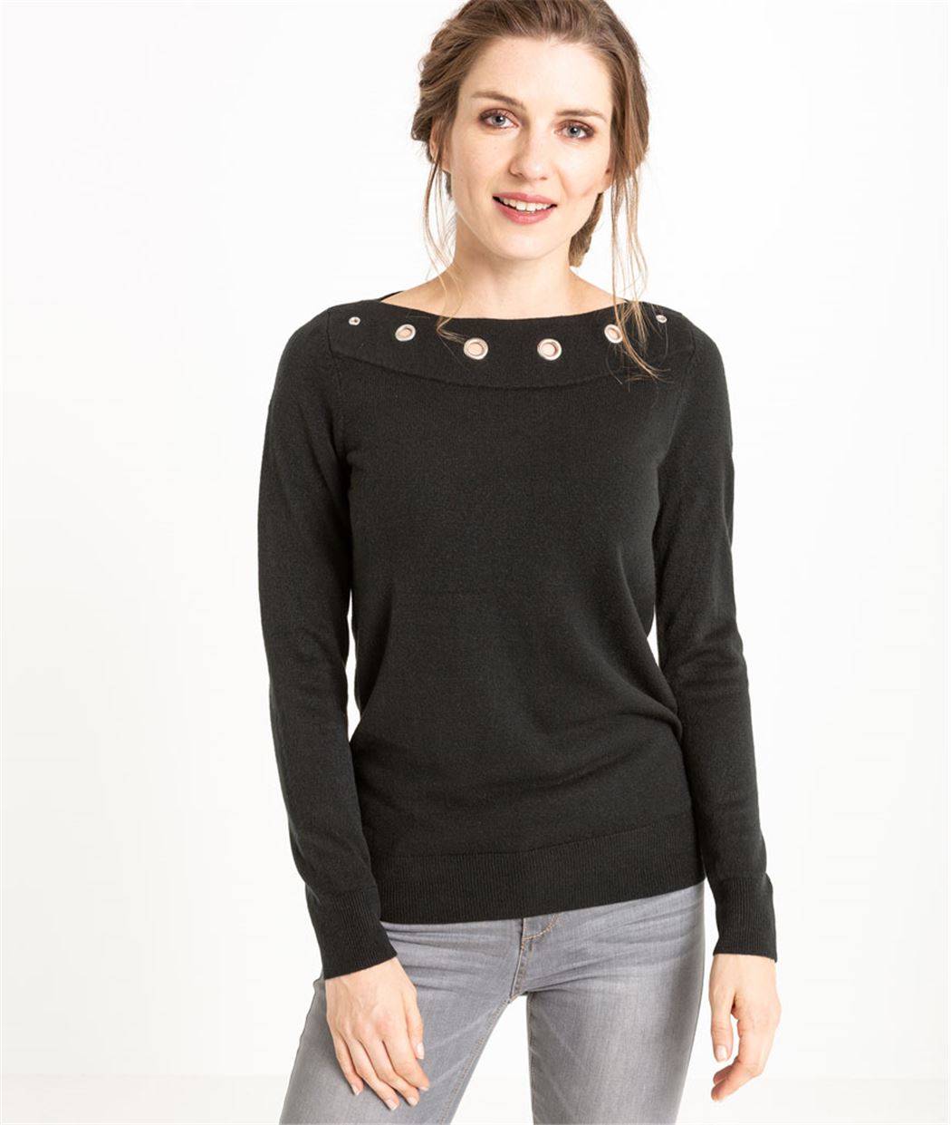 Pull femme fin avec oeillets NOIR