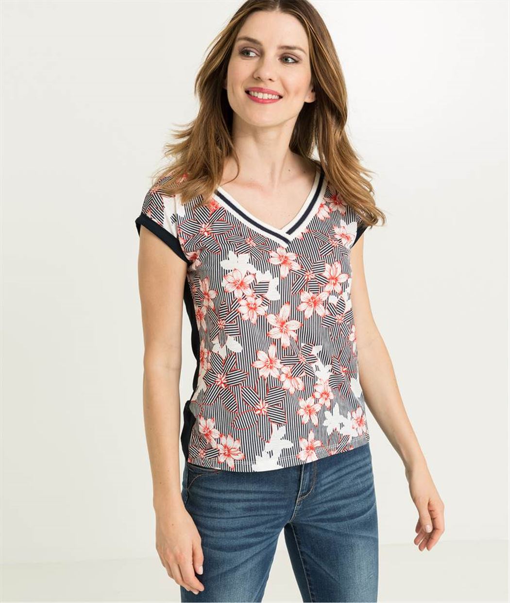 T-shirt femme col V rayé et fleurs MARINE