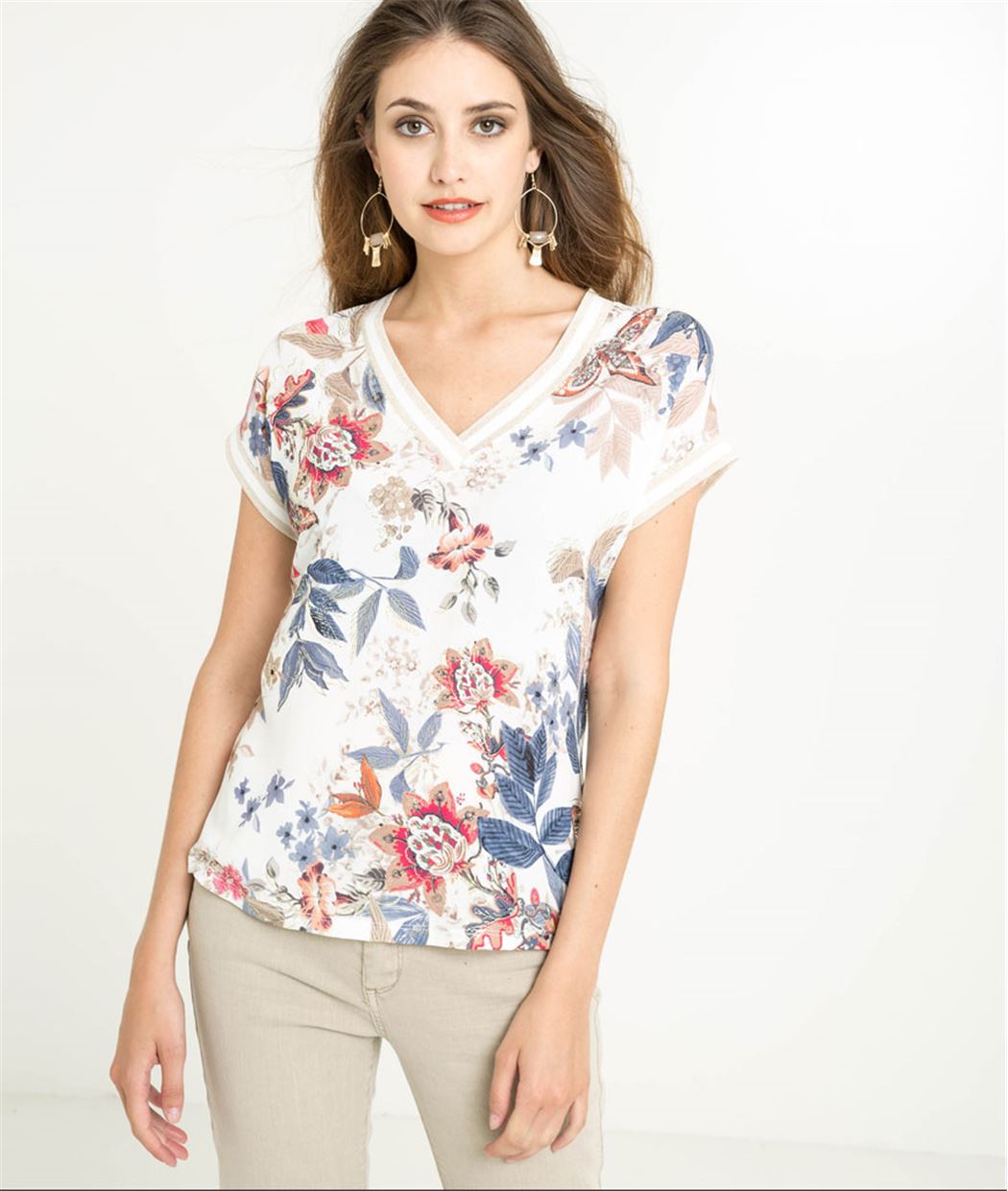 T-shirt femme fleuri col V ECRU