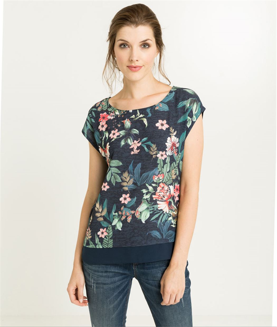 T-shirt femme bi-matière imprimé fleuri MARINE