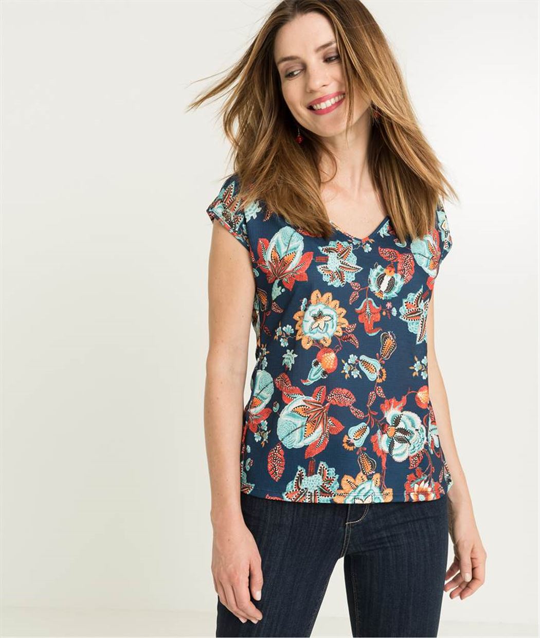 T-shirt femme fleuri dos échancré MARINE