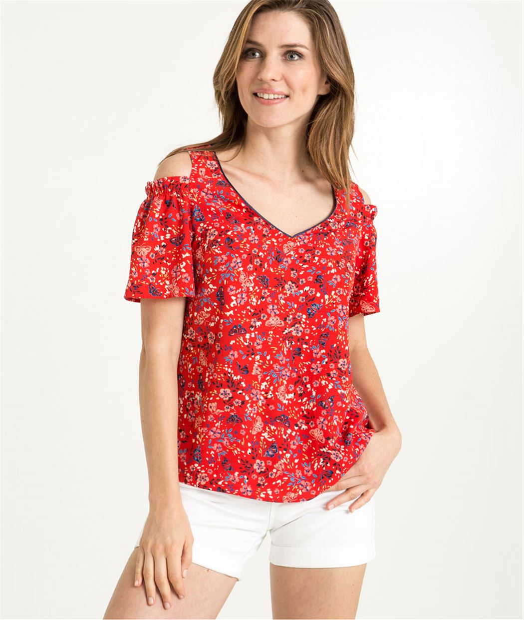 Blouse femme rouge épaules ouvertes ROUGE