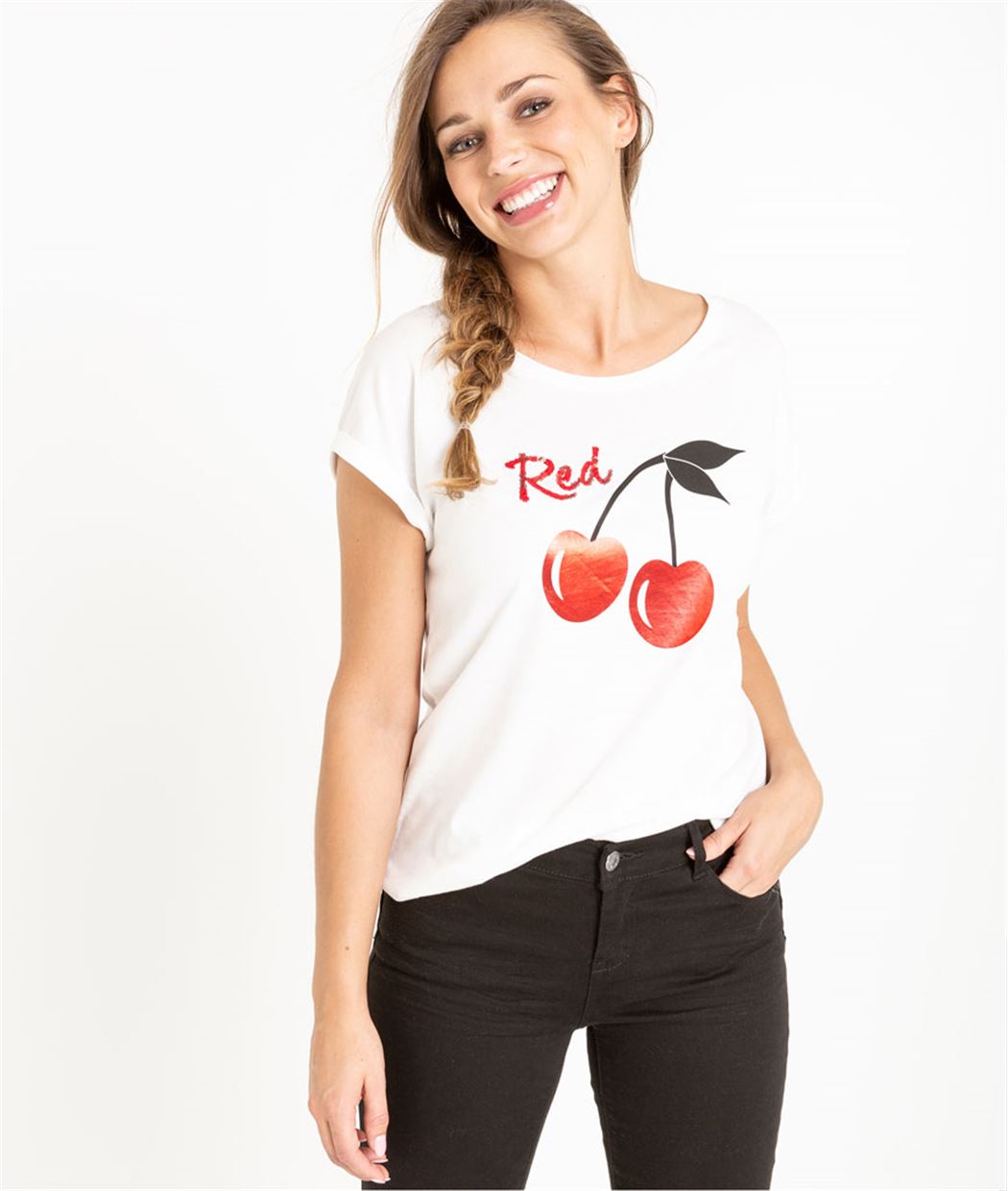 T-shirt femme cerise et sequins ECRU