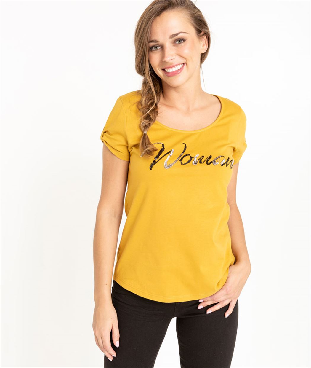 T-shirt femme jaune message Woman SAFRAN