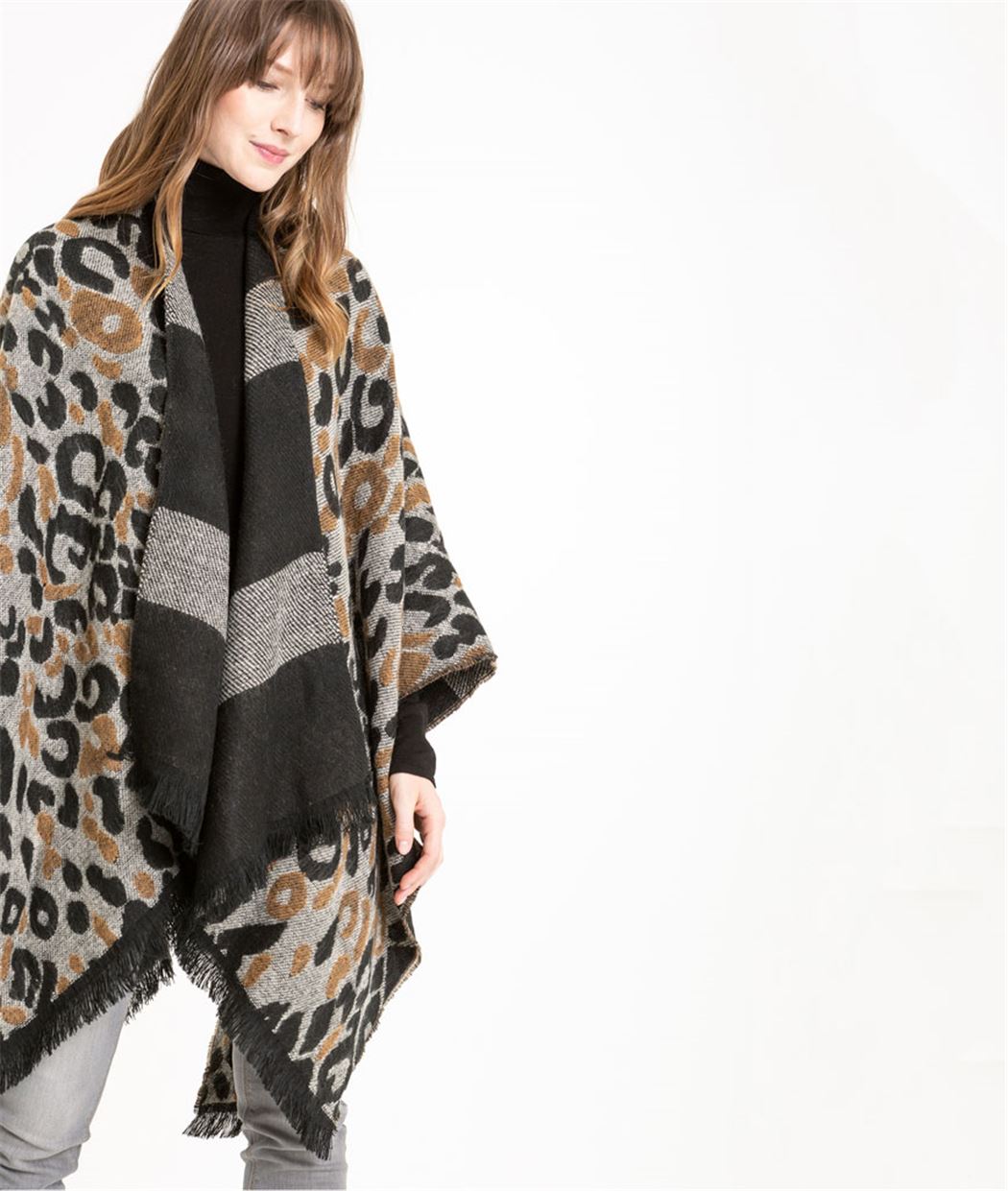Poncho femme réversible motif léopard BEIGE