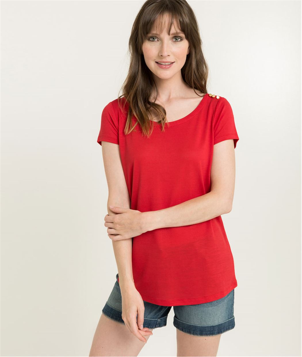 T-shirt femme rouge uni et boutons ROUGE