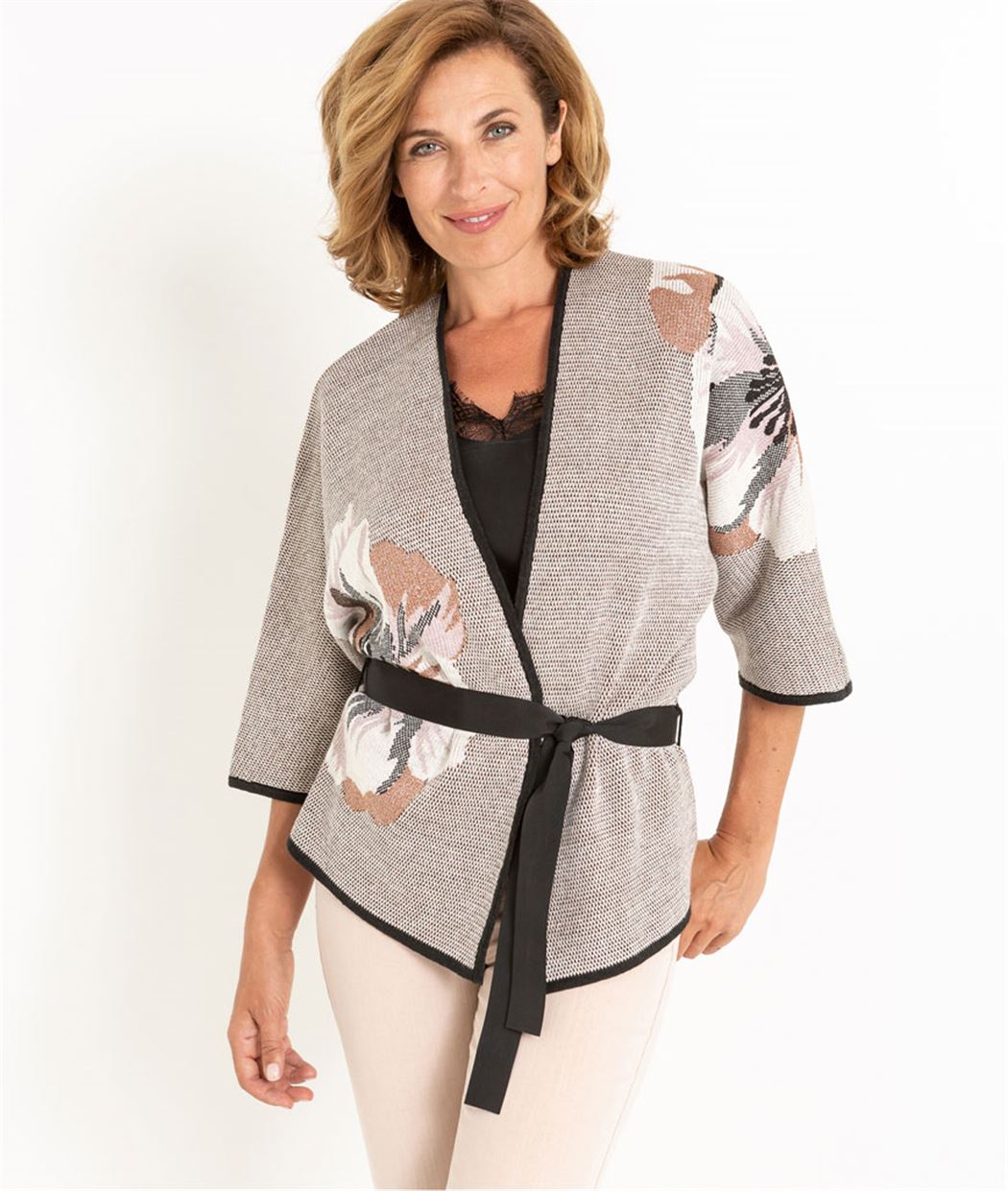 Gilet femme jacquard fleurs BEIGE