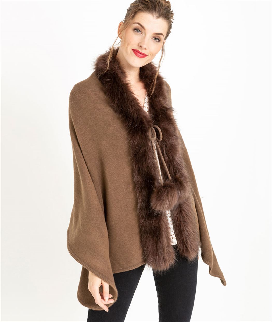 Poncho femme avec fourrure MARRON