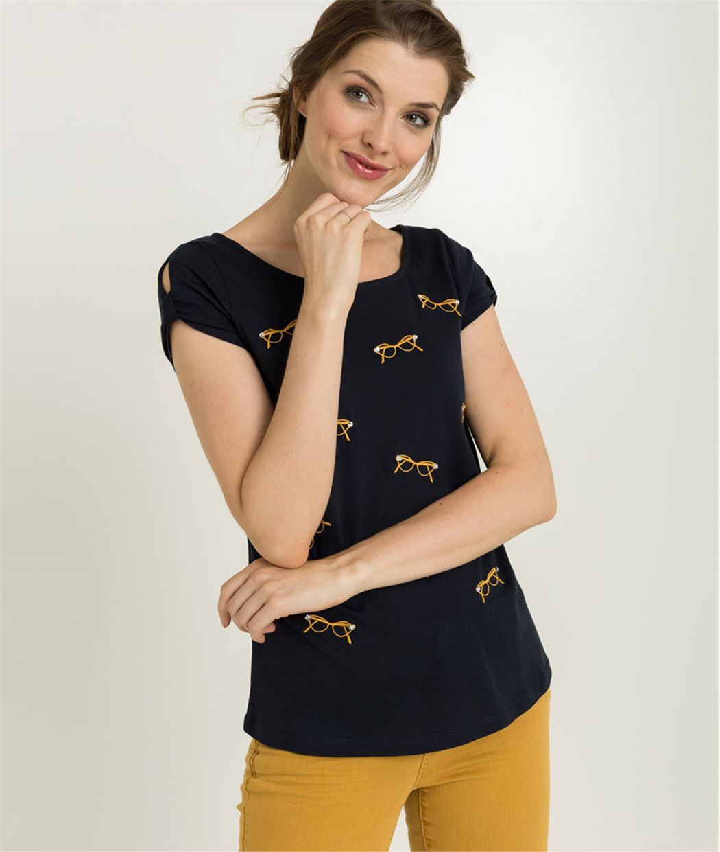 T-shirt femme marine broderies lunettes MARINE