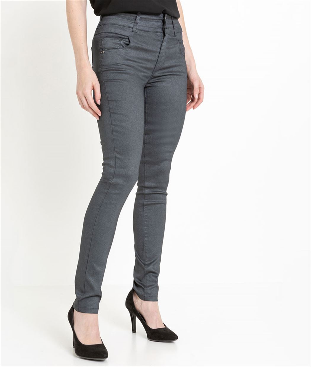 Pantalon femme enduit taille haute GRIS FONCE