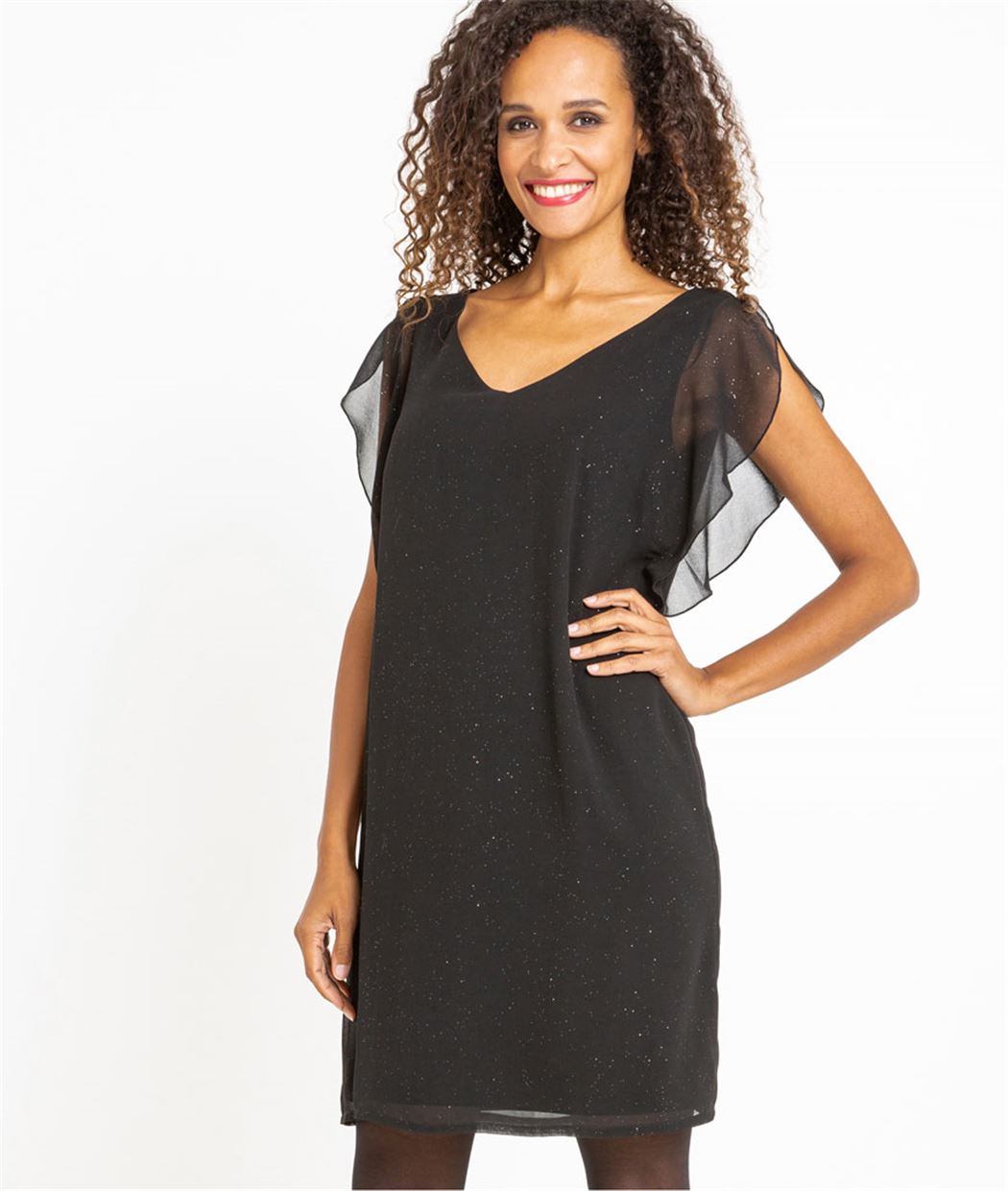 Robe femme fluide paillettes et volants NOIR