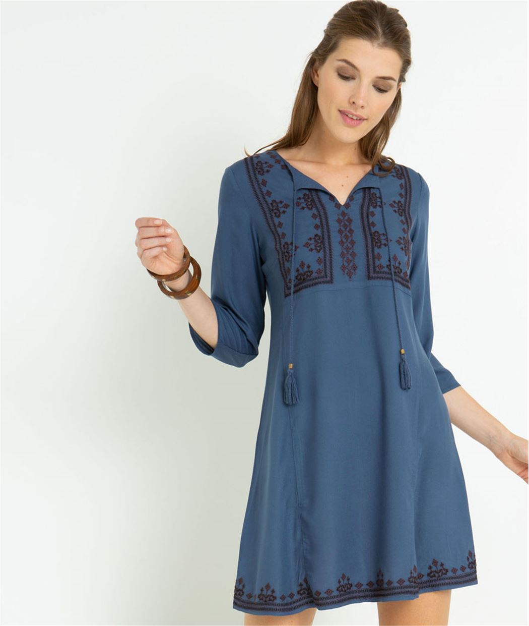 Robe femme bleue brodée BLEU