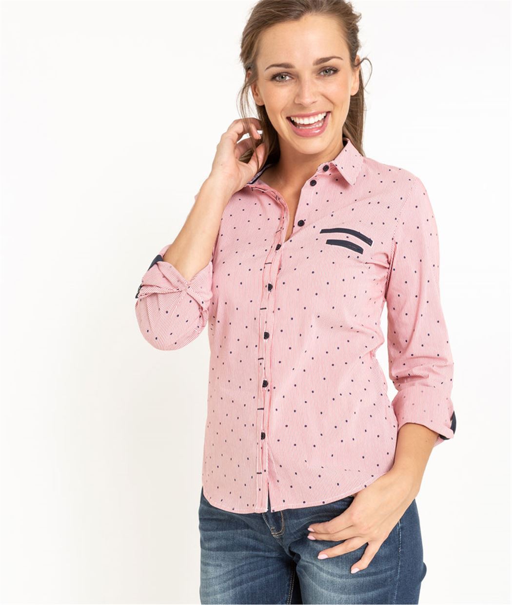 Chemise femme structurée rayures et pois ROUGE