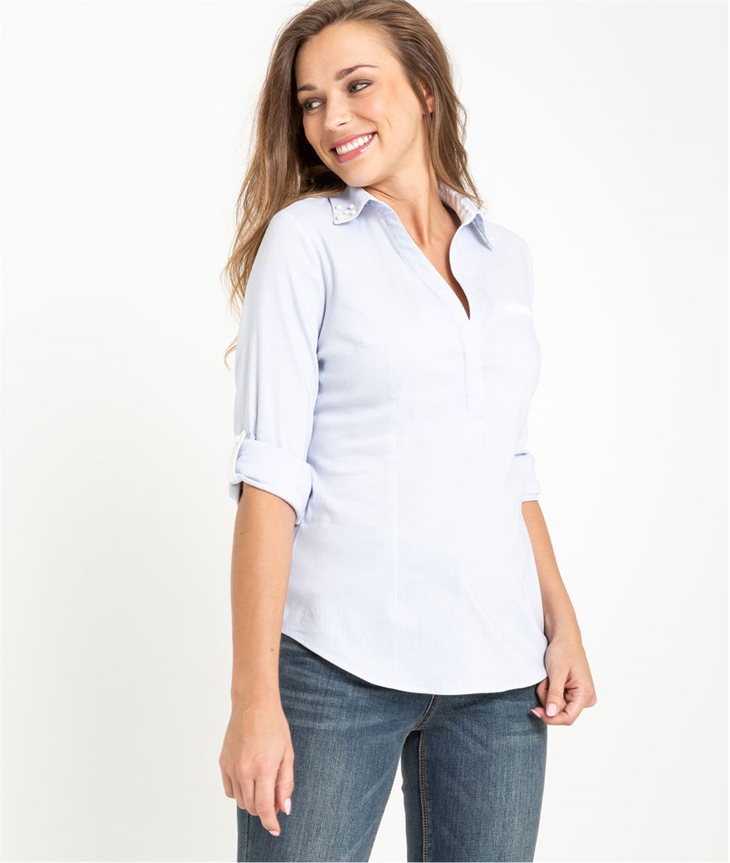 Blouse femme bleue et perles sur le col BLEU CHAMBRAY