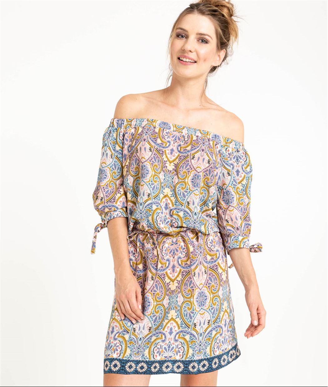 Robe femme imprimée et épaules dégagées ROSE CLAIR