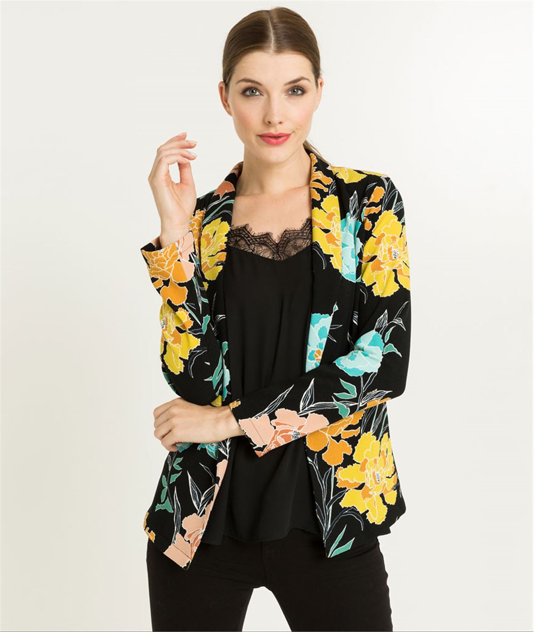 Veste blazer femme imprimé fleurs NOIR